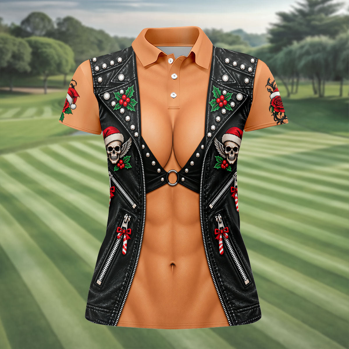 Santa Skull Biker Christmas Golf Shirt, Golf Gifts For Women, Golf Shirts For Women
