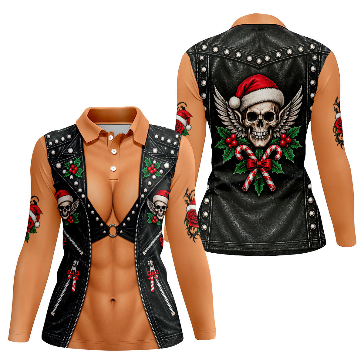 Santa Skull Biker Christmas Golf Shirt, Golf Gifts For Women, Golf Shirts For Women