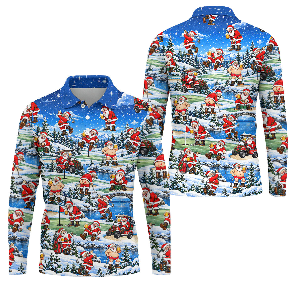 Snowy Santa Golf Pattern Christmas Golf Shirt, Funny Mens Golf Shirts, Mens Golf Polo