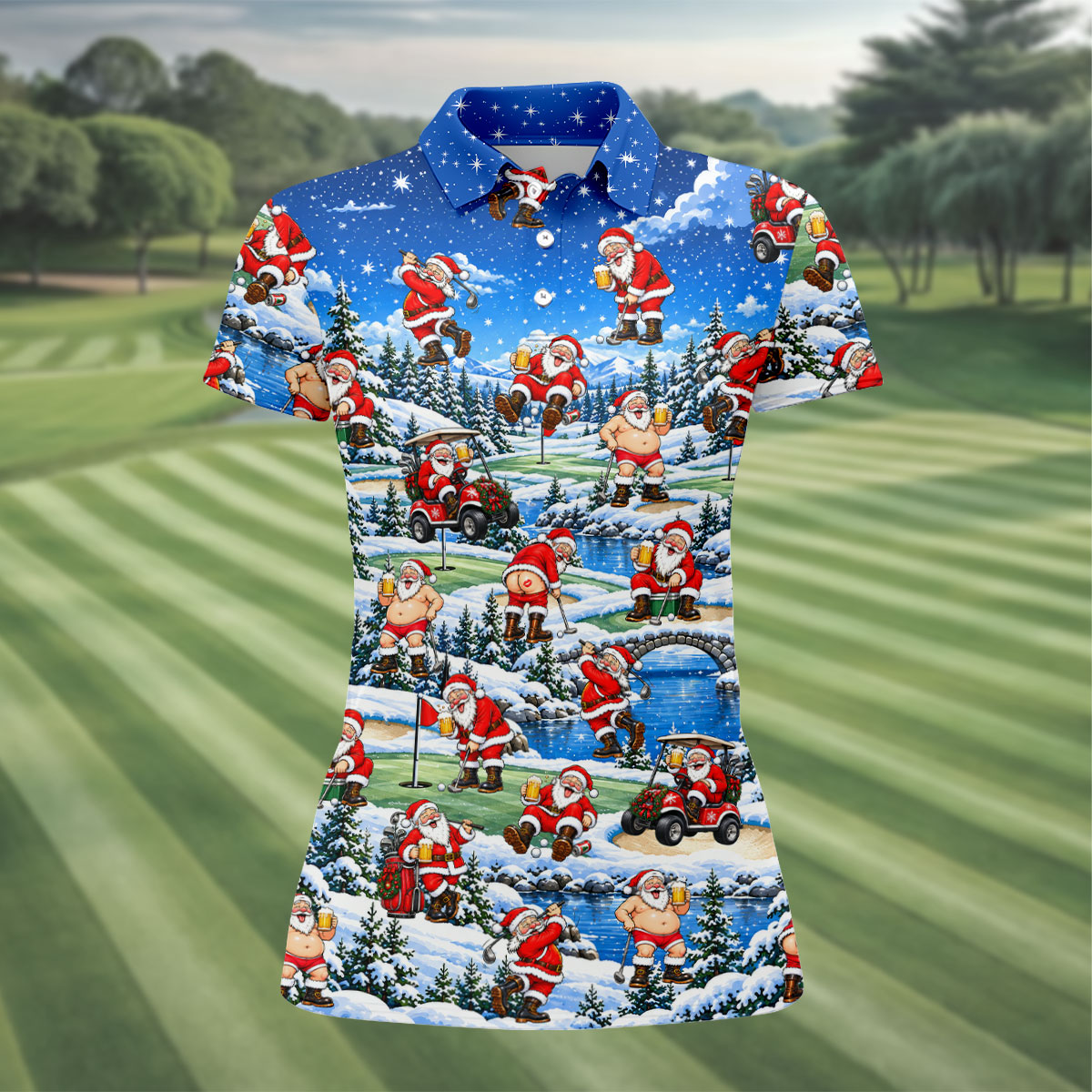 Snowy Santa Golf Pattern Christmas Golf Shirt, Womens Golf Shirts, Ladies Golf Shirts