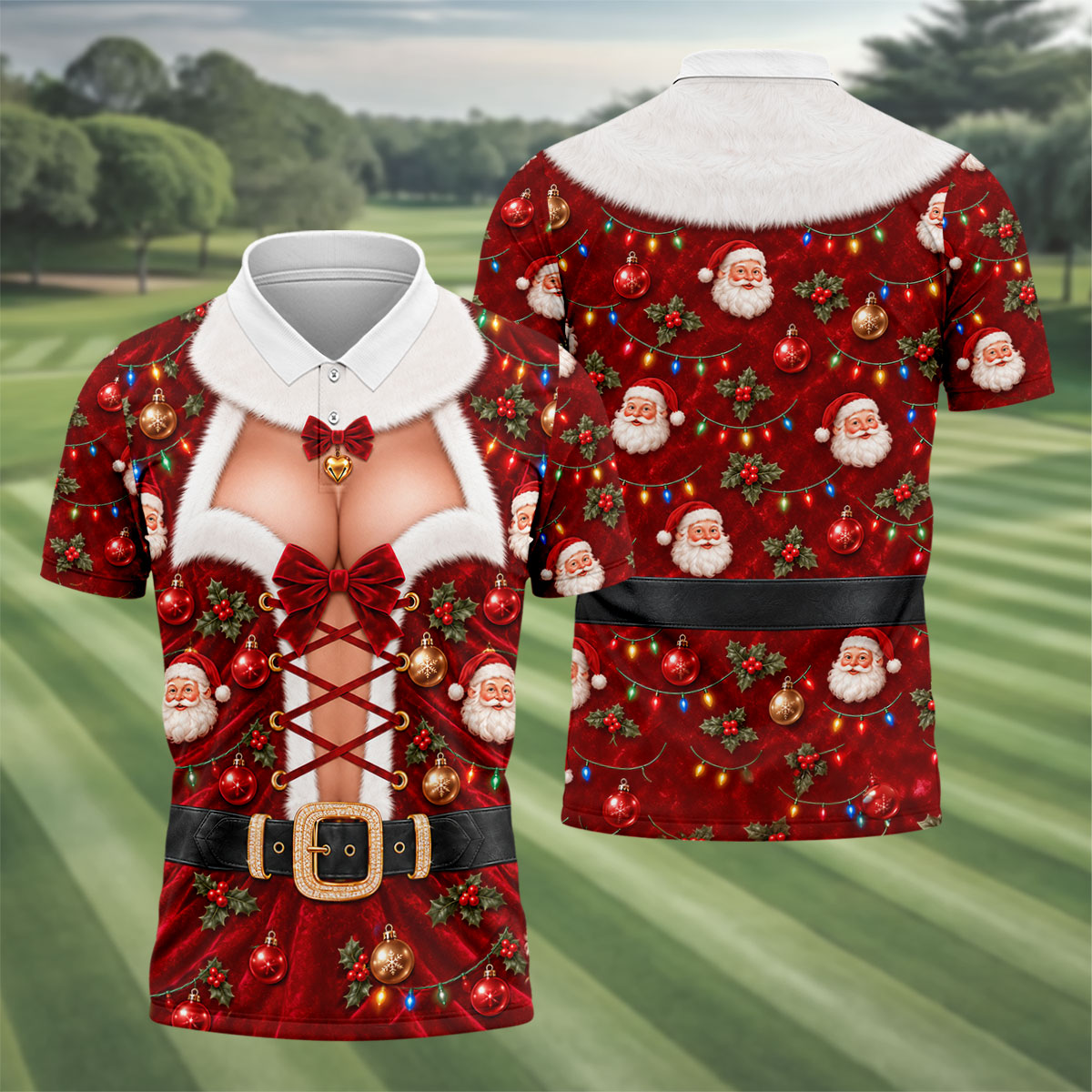Santa Print Lace Up Corset Christmas Golf Shirt, Golf Gifts For Men, Mens Golf Polo