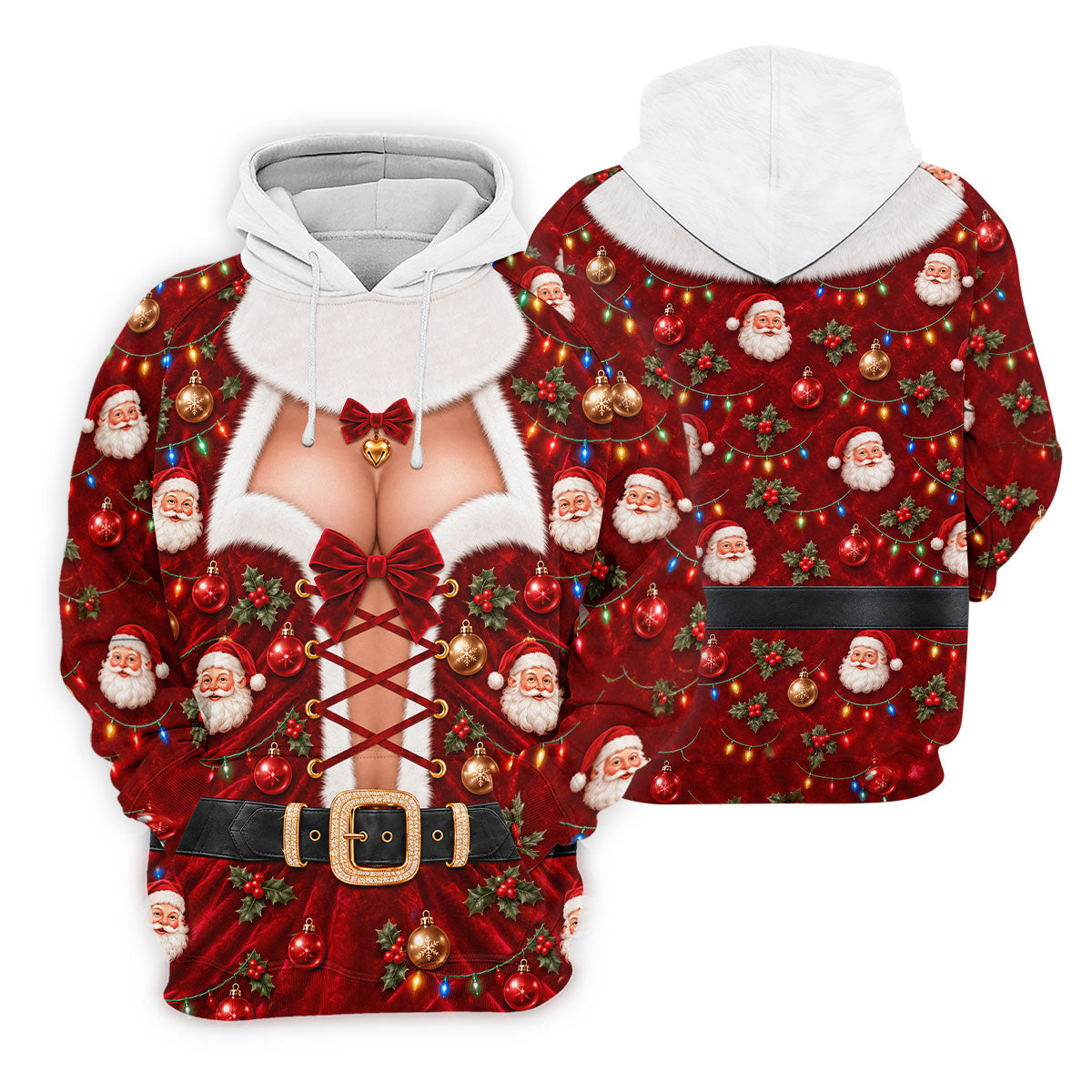 Santa Print Lace Up Corset Christmas Golf Shirt, Ladies Golf Tops, Womens Golf Tops