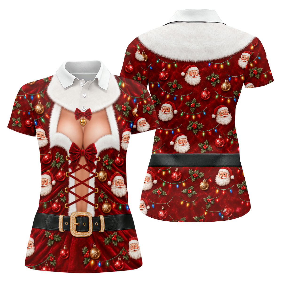 Santa Print Lace Up Corset Christmas Golf Shirt, Ladies Golf Tops, Womens Golf Tops