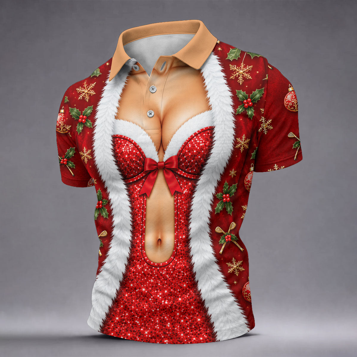 Red Sequin Fur Corset Christmas Golf Shirt, Golf Shirts For Men, Mens Golf Shirts