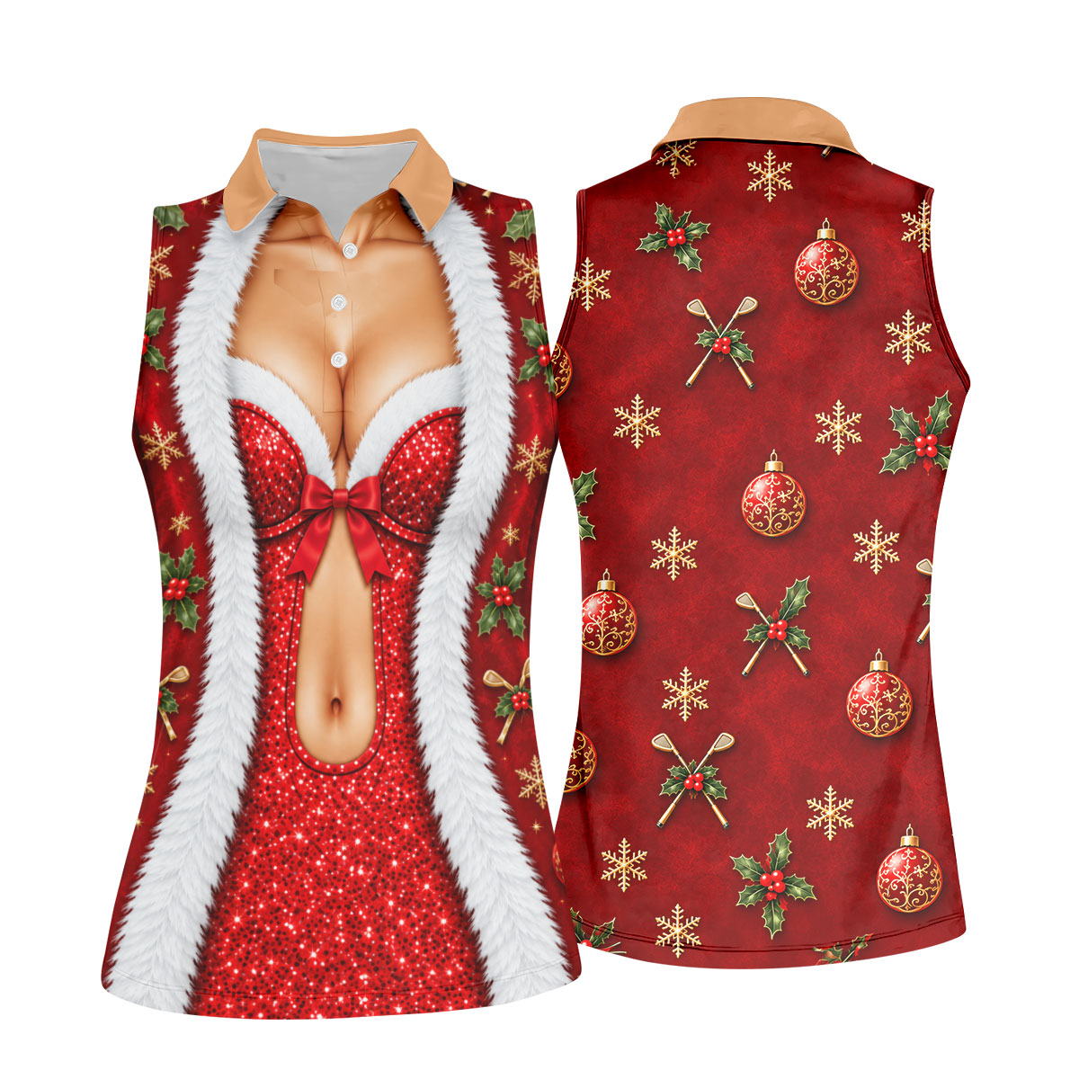 Red Sequin Fur Corset Christmas Golf Shirt, Womens Golf Apparel, Womens Golf Tops