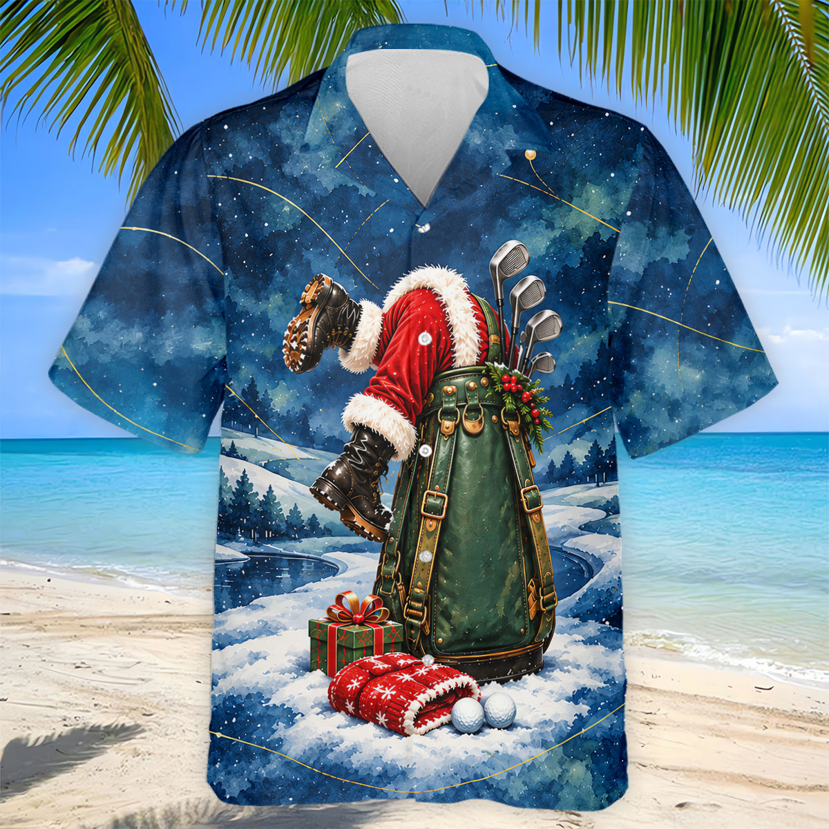Blue Santa Diving Golf Bag Christmas Golf Shirt, Mens Golf Apparel, Mens Golf Shirts