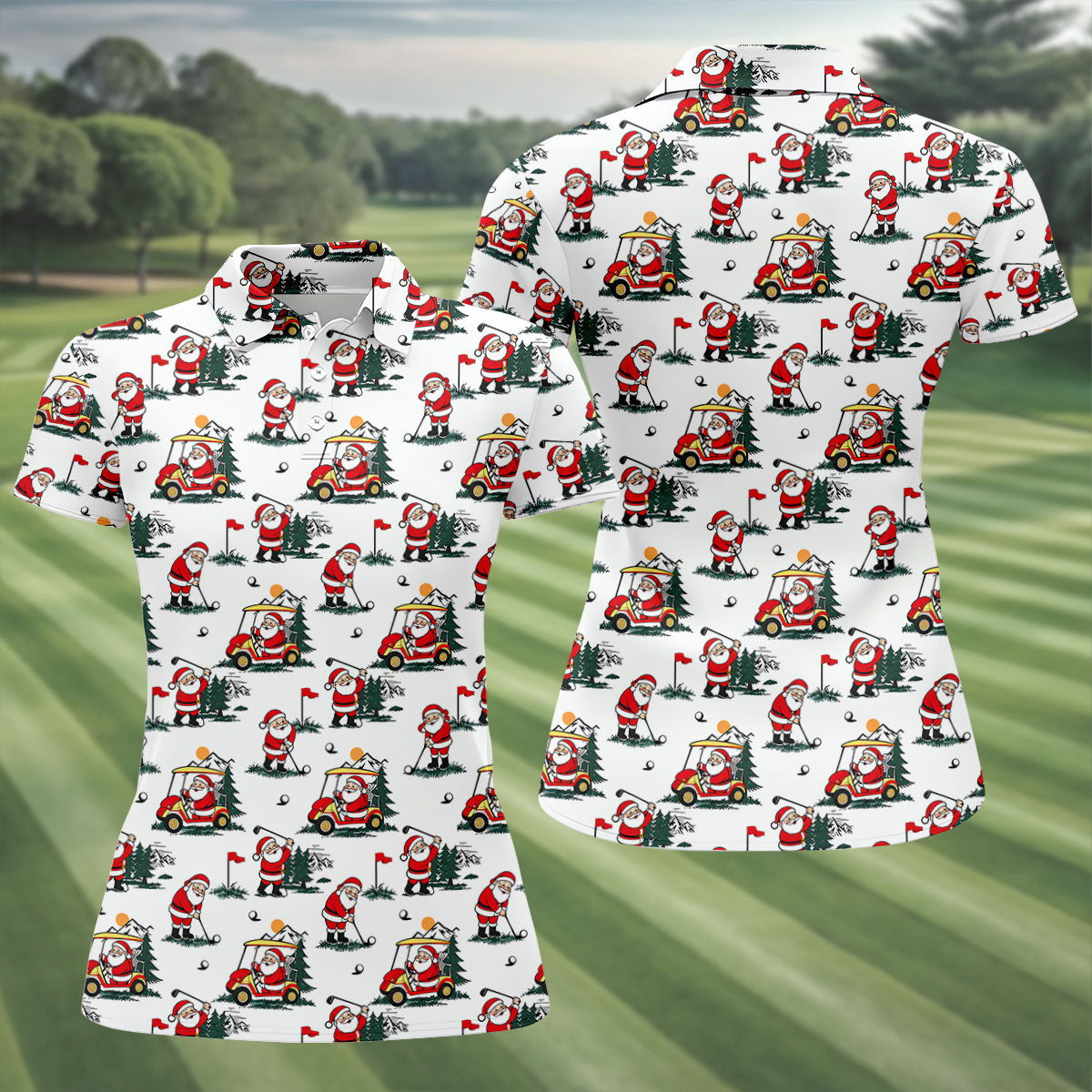 Santa Golf Cart Pattern Christmas Golf Shirt, Golf Shirts For Women, Womens Golf Tops