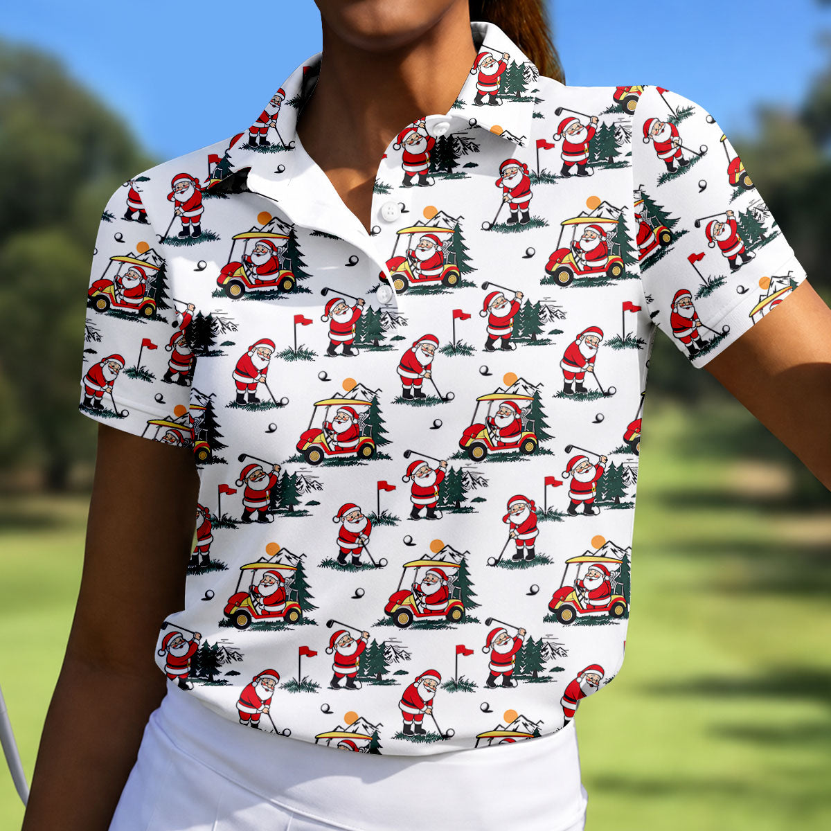 Santa Golf Cart Pattern Christmas Golf Shirt, Golf Shirts For Women, Womens Golf Tops