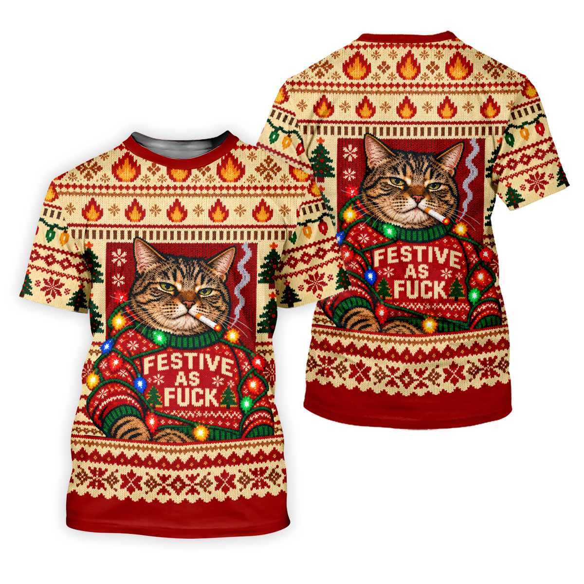 Red Festive As F*ck Cat Christmas Golf Shirt, Mens Golf Clothing, Golf Gifts For Men