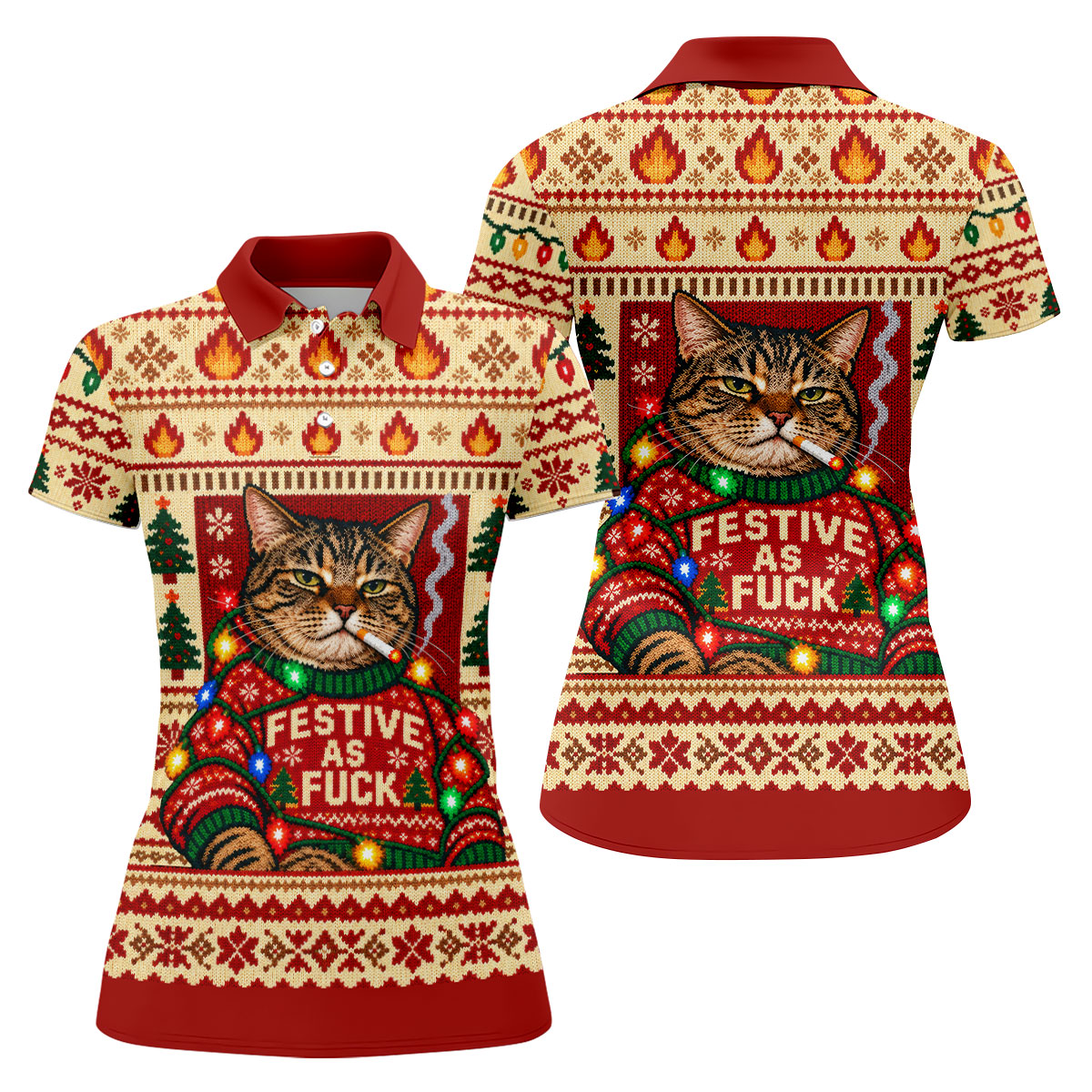 Red Festive As F*ck Cat Christmas Golf Shirt, Womens Golf Apparel, Womens Golf Shirts