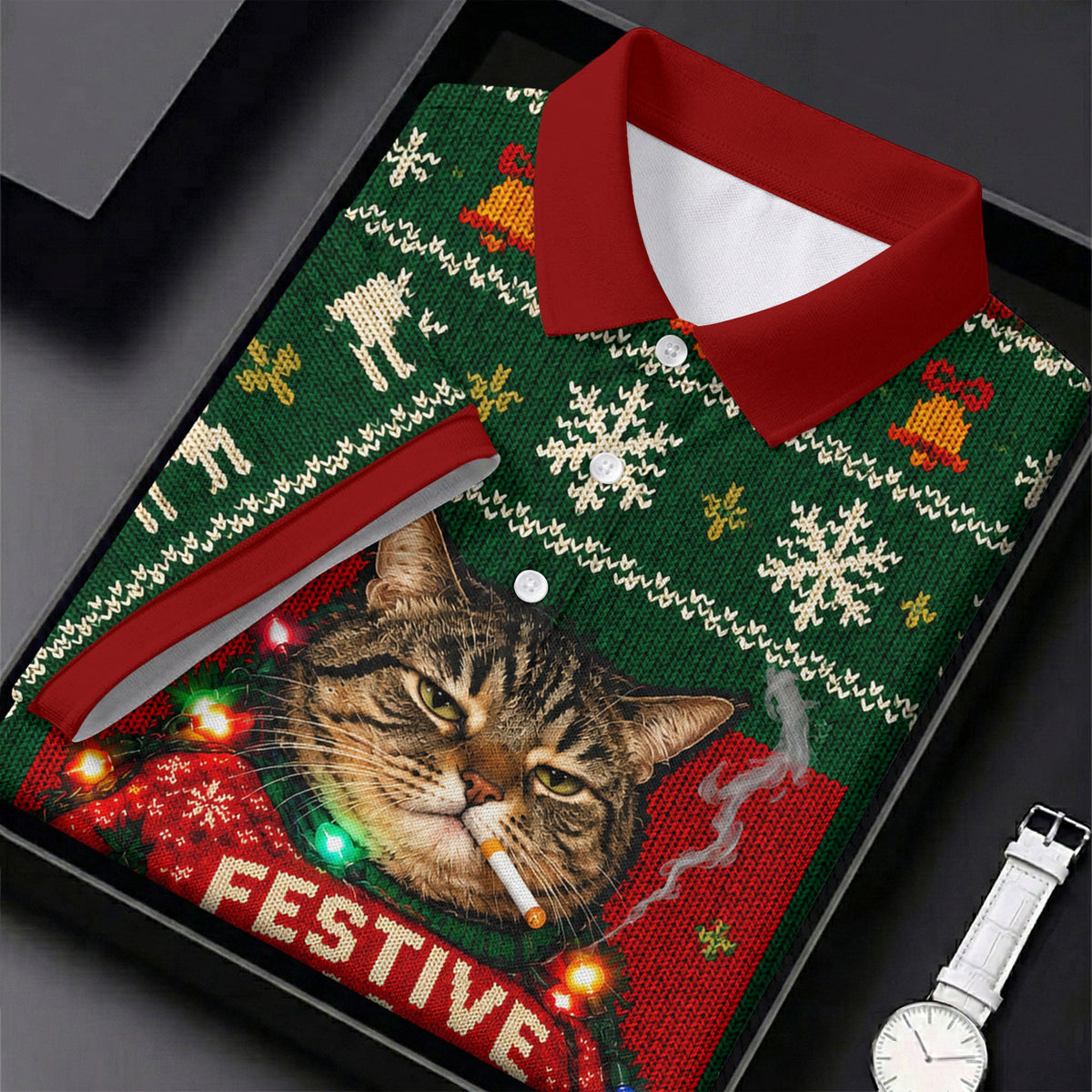 Green Festive As F*ck Cat Christmas Golf Shirt, Mens Golf Shirts, Mens Golf Apparel
