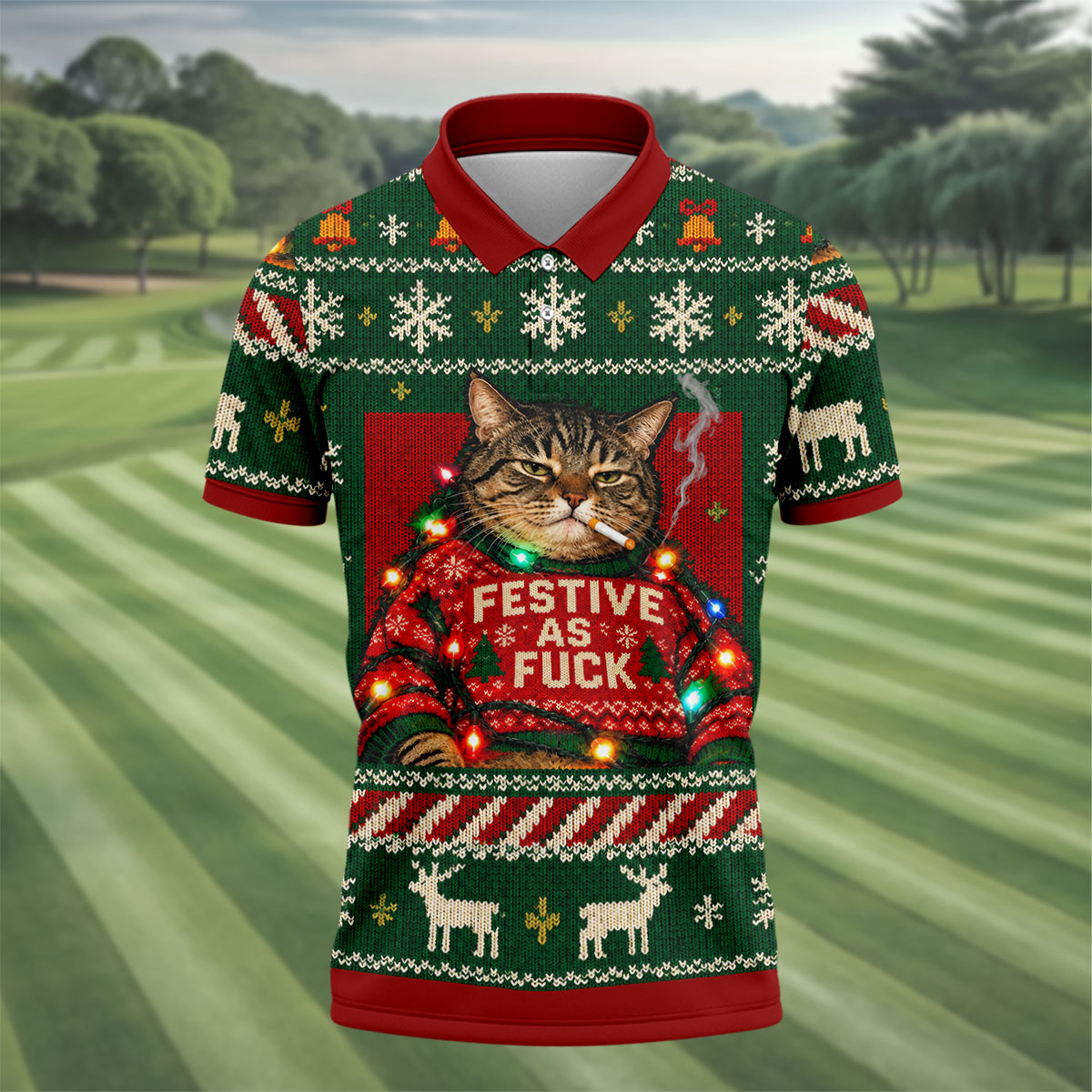 Green Festive As F*ck Cat Christmas Golf Shirt, Mens Golf Shirts, Mens Golf Apparel