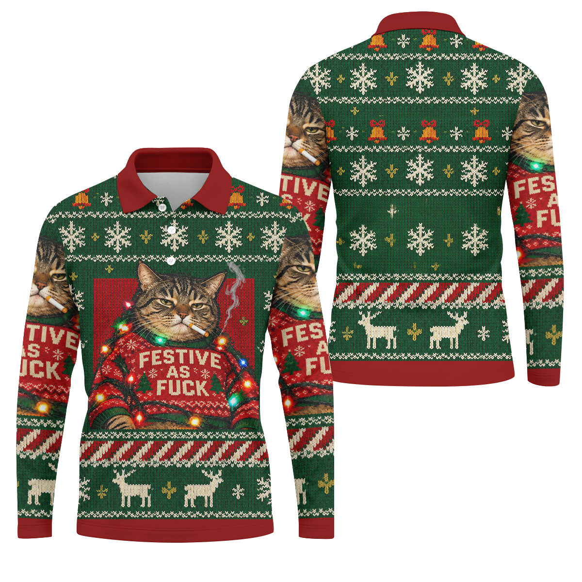 Green Festive As F*ck Cat Christmas Golf Shirt, Mens Golf Shirts, Mens Golf Apparel