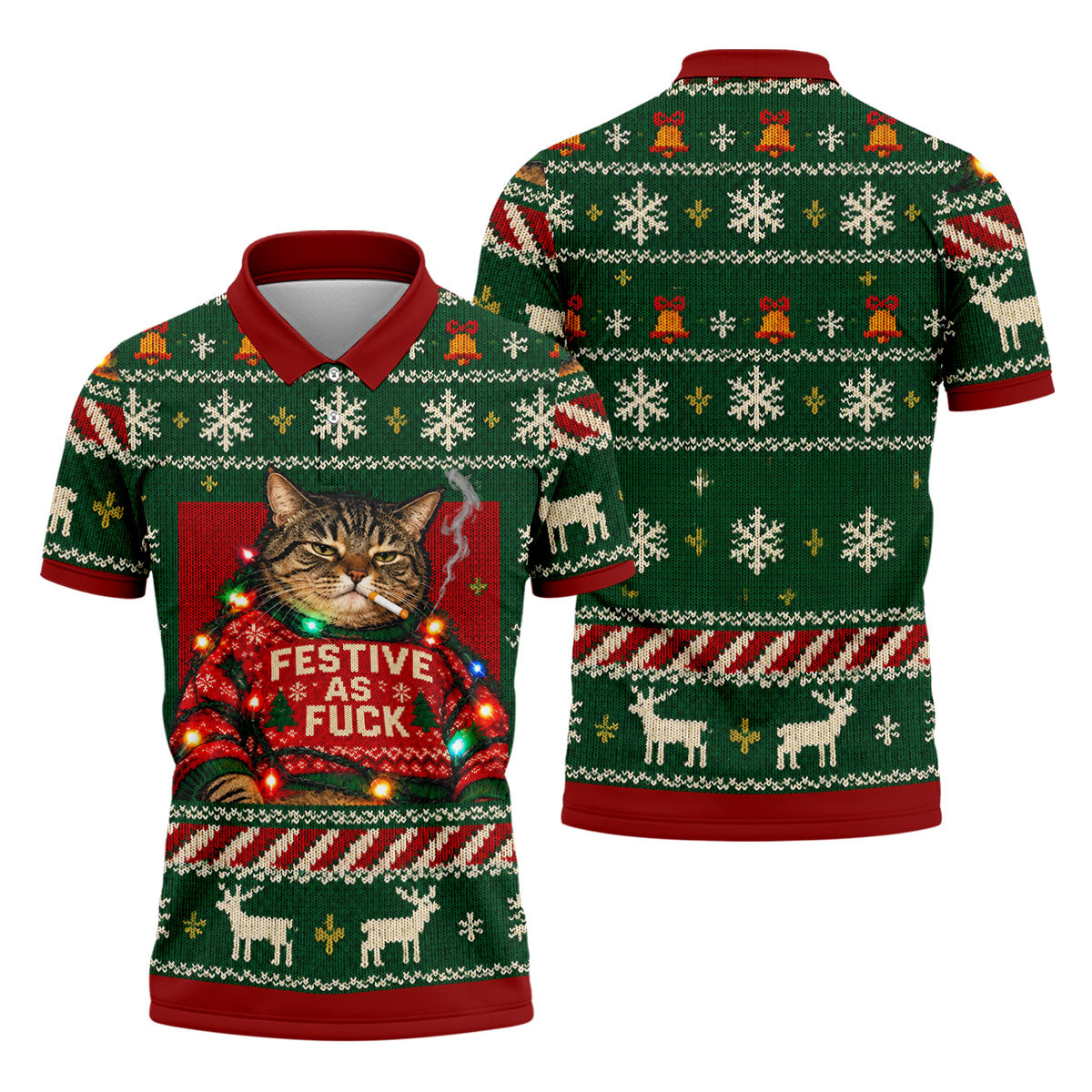 Green Festive As F*ck Cat Christmas Golf Shirt, Mens Golf Shirts, Mens Golf Apparel