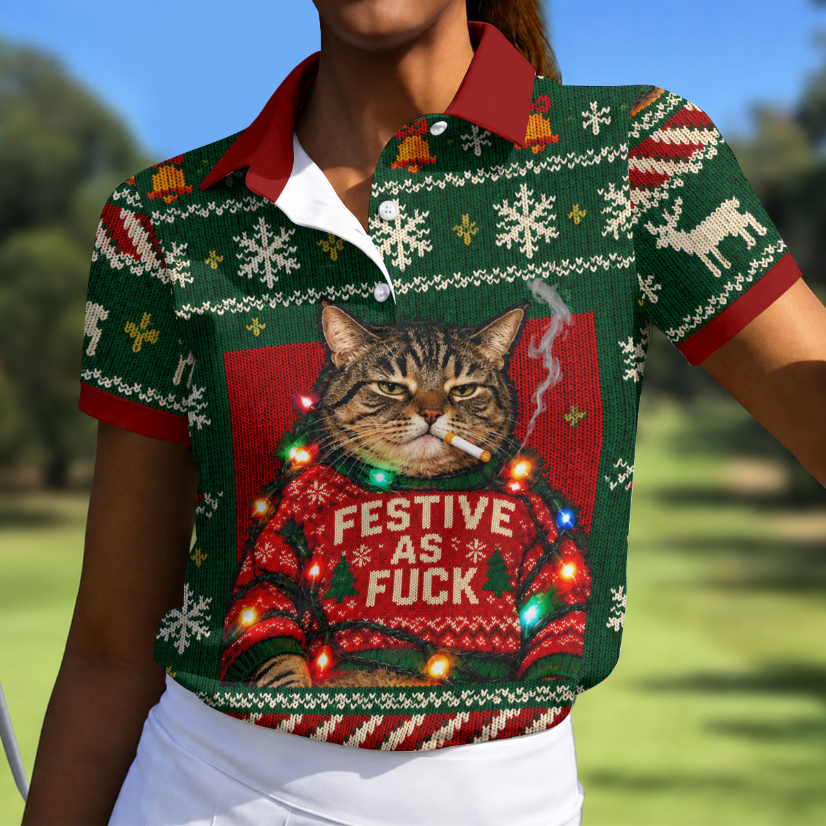 Green Festive As F*ck Cat Christmas Golf Shirt, Ladies Golf Shirts, Womens Golf Tops