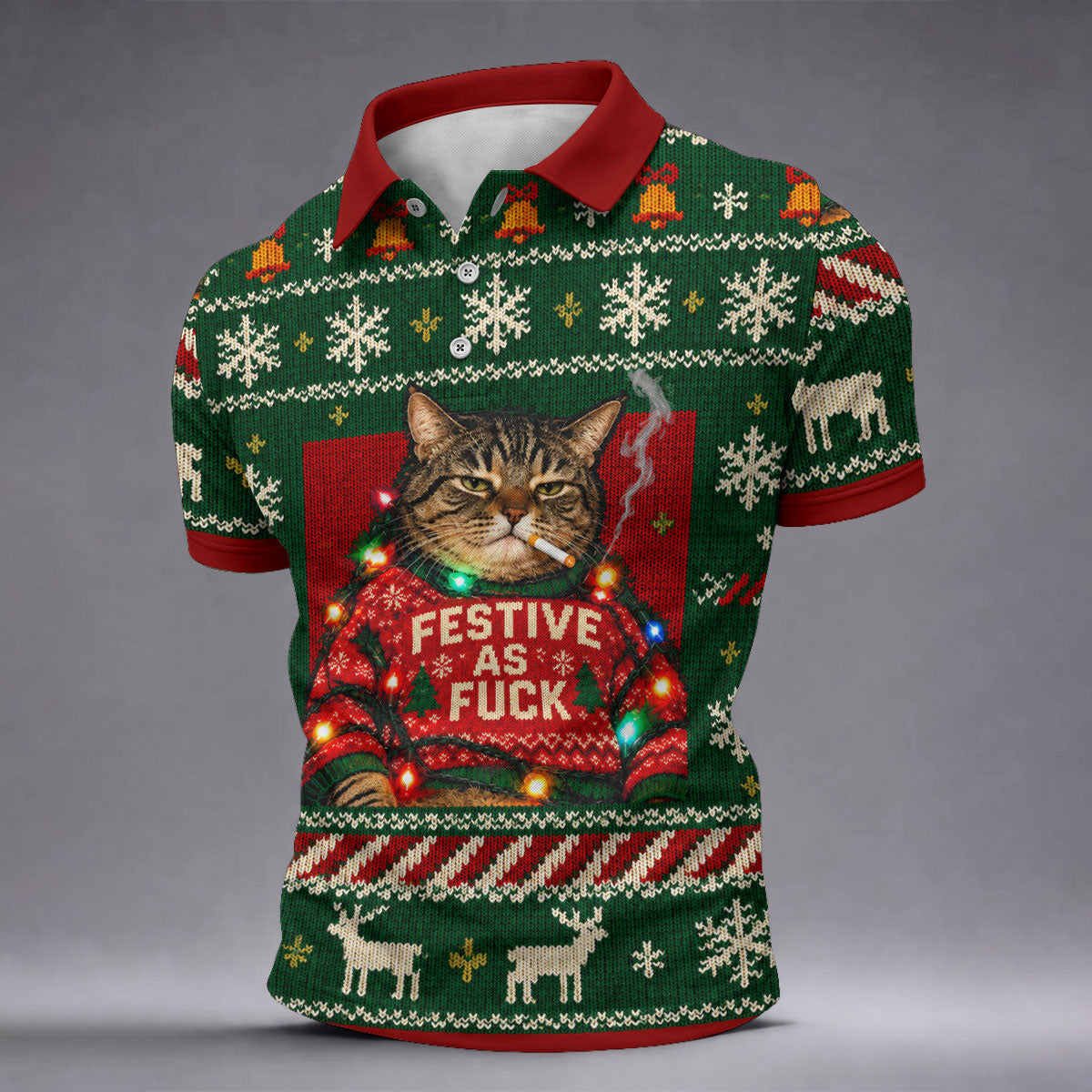 Green Festive As F*ck Cat Christmas Golf Shirt, Mens Golf Shirts, Mens Golf Apparel