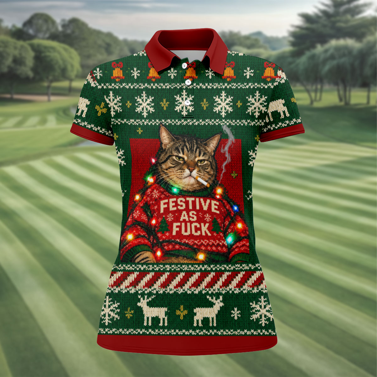 Green Festive As F*ck Cat Christmas Golf Shirt, Ladies Golf Shirts, Womens Golf Tops
