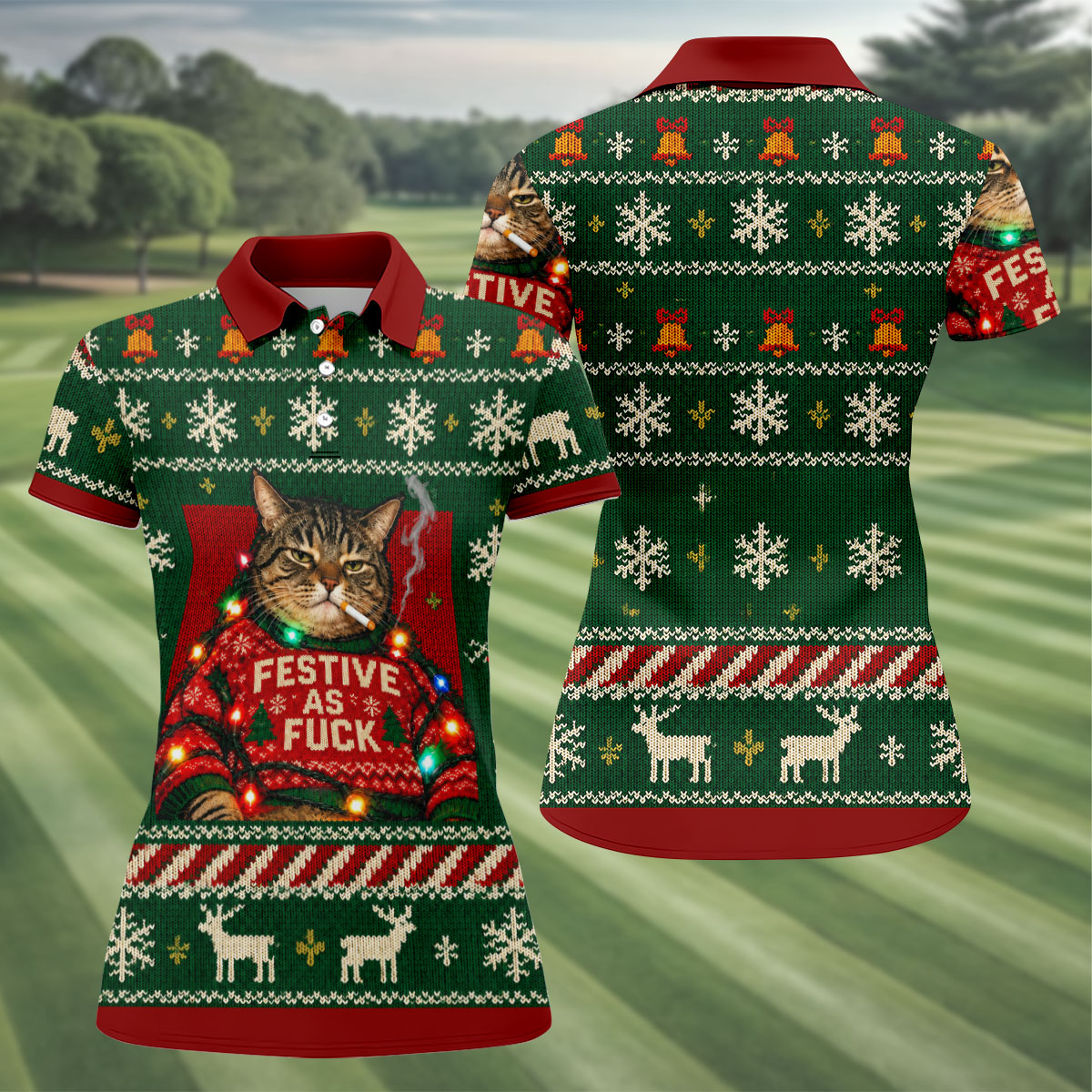 Green Festive As F*ck Cat Christmas Golf Shirt, Ladies Golf Shirts, Womens Golf Tops