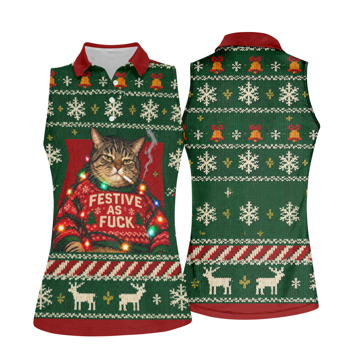 Green Festive As F*ck Cat Christmas Golf Shirt, Ladies Golf Shirts, Womens Golf Tops