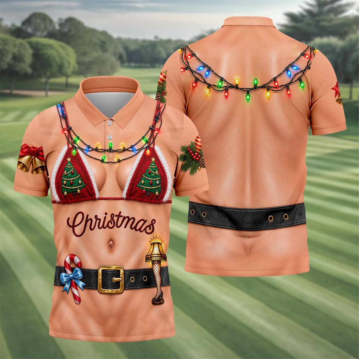 Xmas Tree Bikini Lights Christmas Golf Shirt, Mens Golf Clothing, Mens Golf Shirts