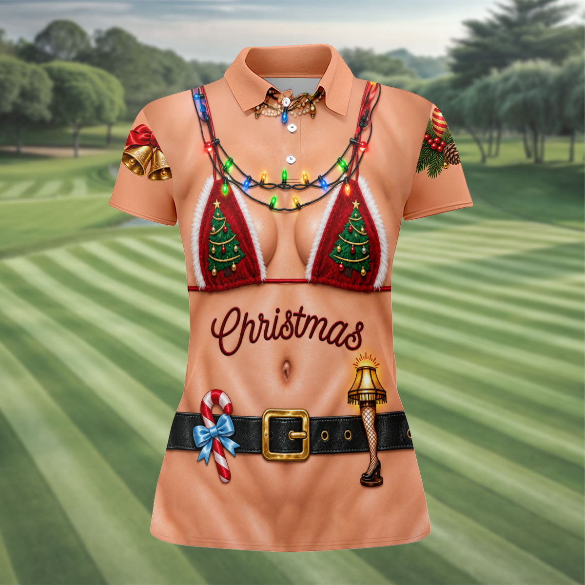 Xmas Tree Bikini Lights Christmas Golf Shirt, Ladies Golf Tops, Womens Golf Shirts
