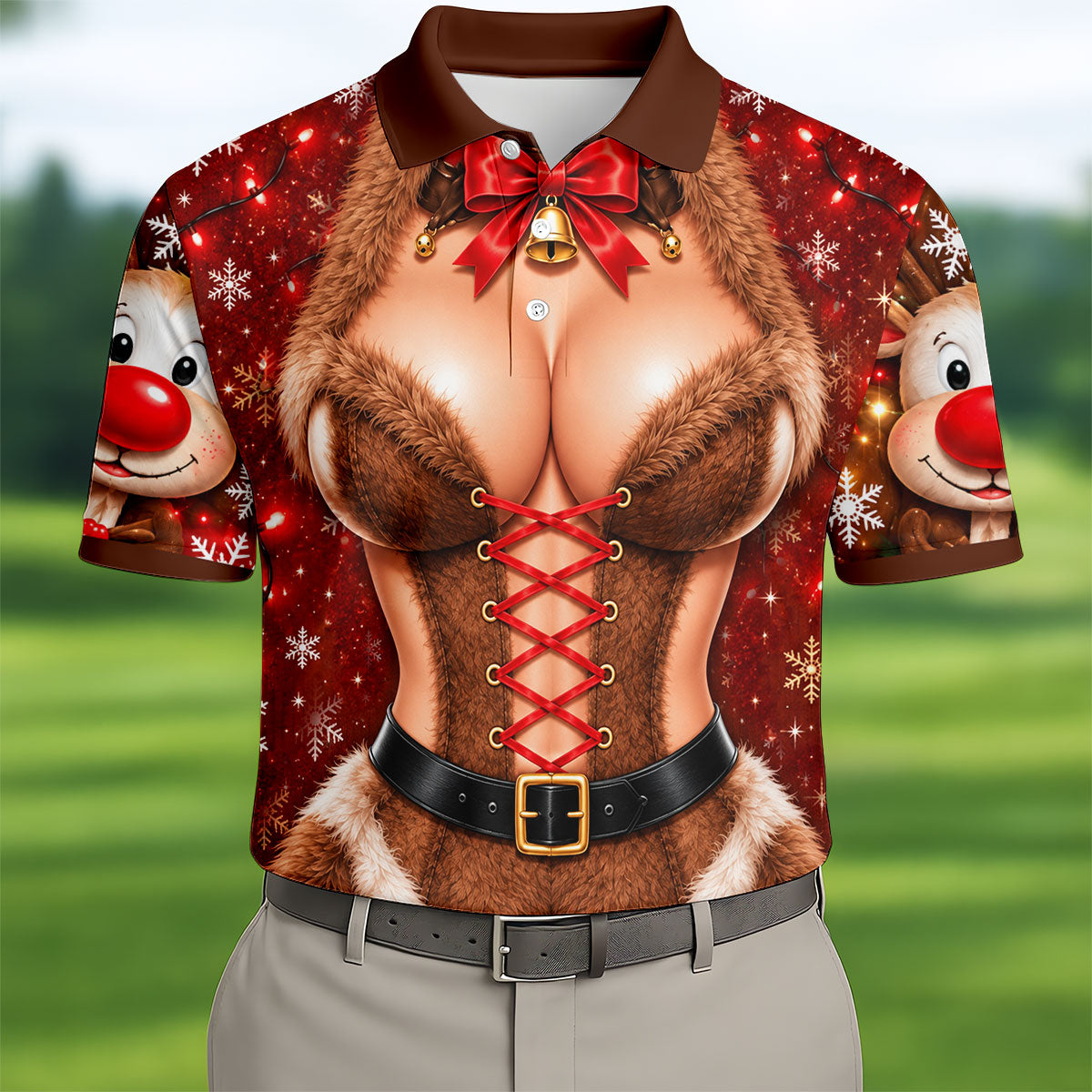 Reindeer Fur Lace Corset Christmas Golf Shirt, Golf Shirts For Men, Mens Golf Polo