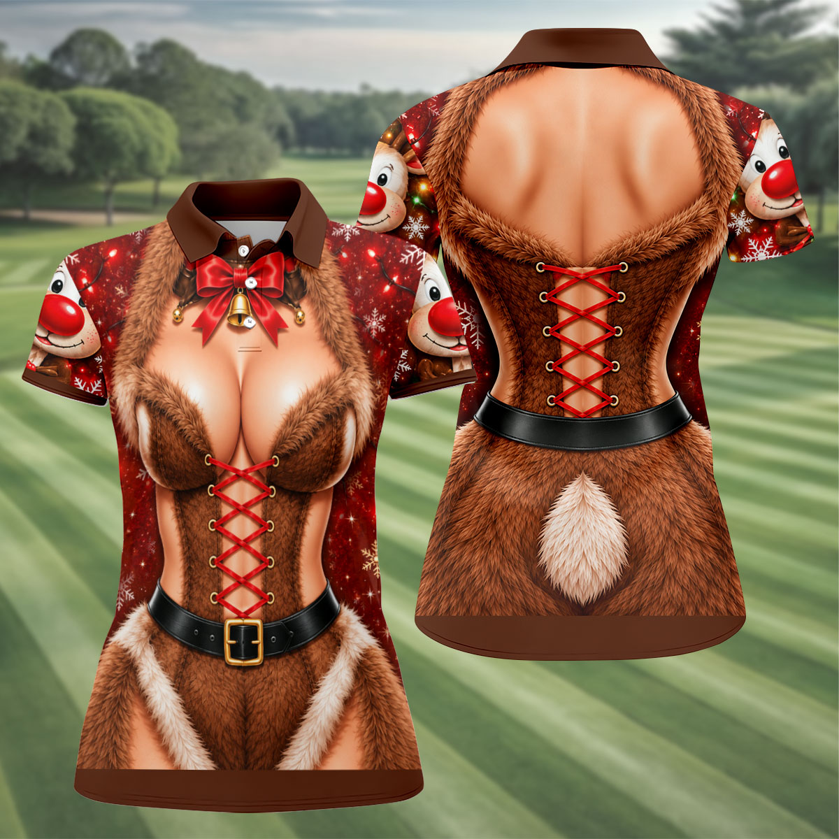 Reindeer Fur Corset Christmas Golf Shirt, Golf Gifts For Women, Womens Golf Apparel