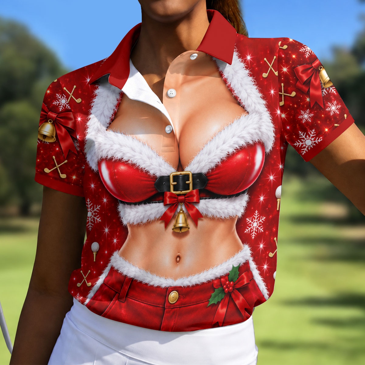 Santa Belt Bikini Abs Christmas Golf Shirt, Ladies Golf Apparel, Womens Golf Tops