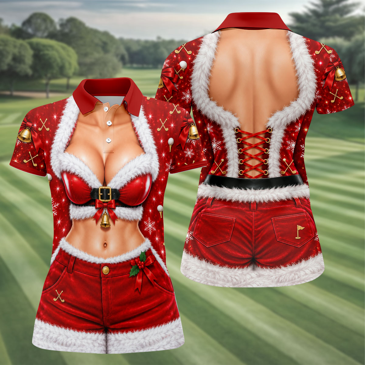 Santa Belt Bikini Abs Christmas Golf Shirt, Ladies Golf Apparel, Womens Golf Tops