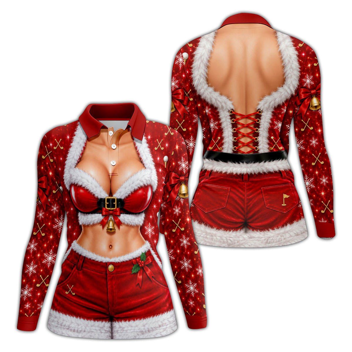 Santa Belt Bikini Abs Christmas Golf Shirt, Ladies Golf Apparel, Womens Golf Tops