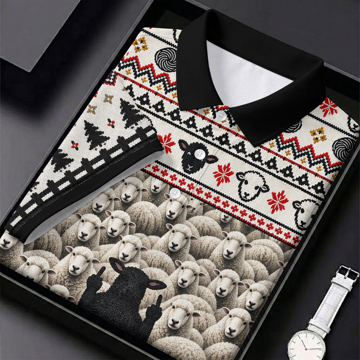 Black Sheep Fair Isle Christmas Golf Shirt, Mens Golf Polo, Mens Holiday Golf Shirts