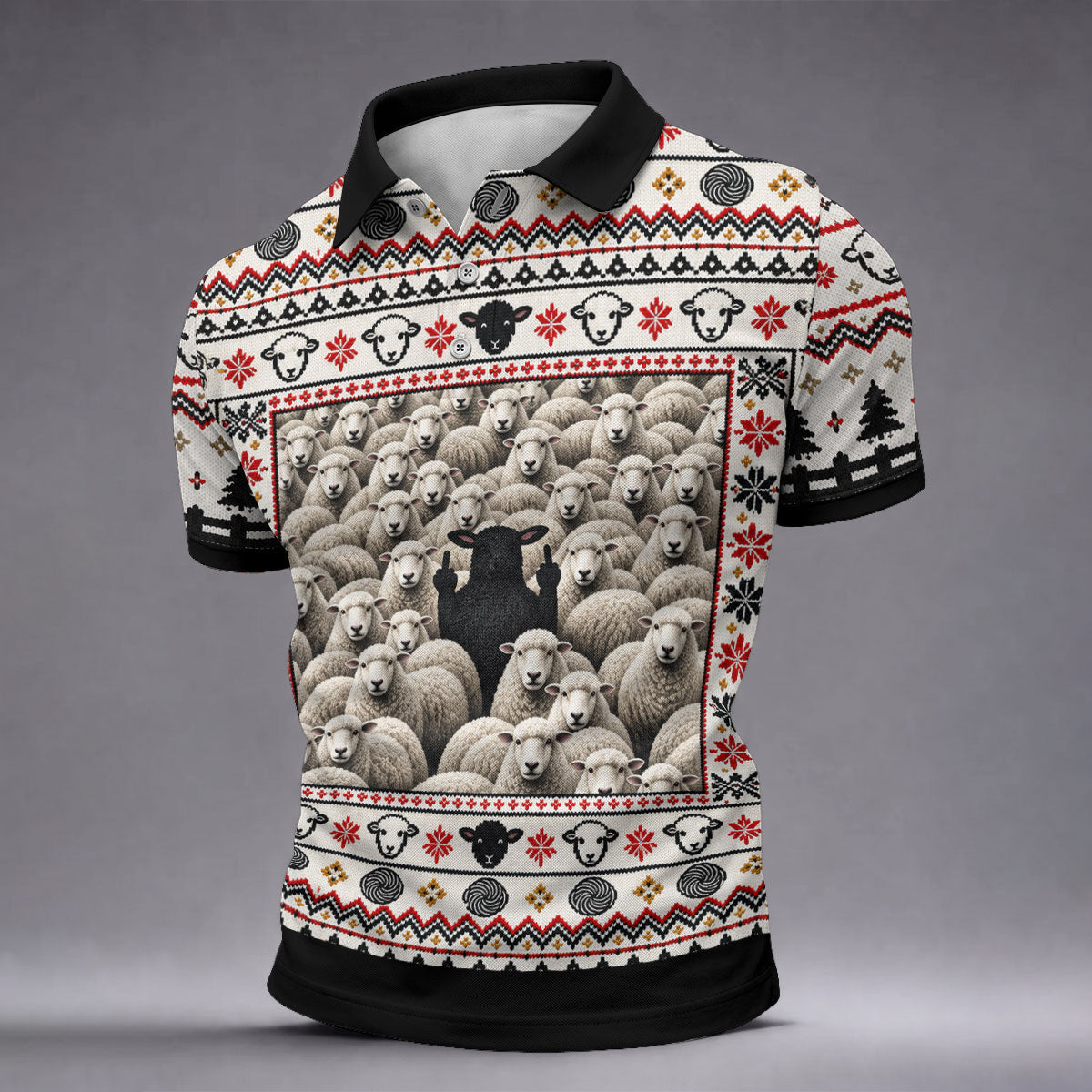 Black Sheep Fair Isle Christmas Golf Shirt, Mens Golf Polo, Mens Holiday Golf Shirts