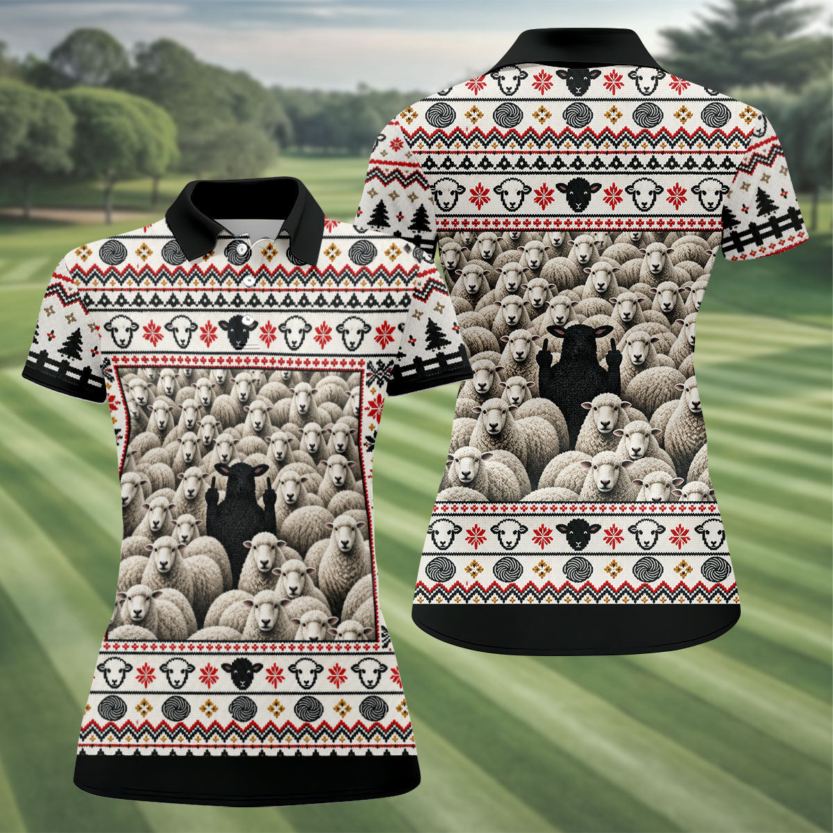 Black Sheep Fair Isle Christmas Golf Shirt, Ladies Golf Apparel, Golf Gifts For Women