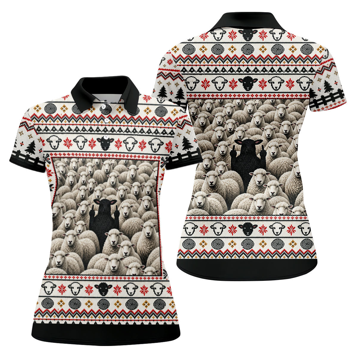 Black Sheep Fair Isle Christmas Golf Shirt, Ladies Golf Apparel, Golf Gifts For Women