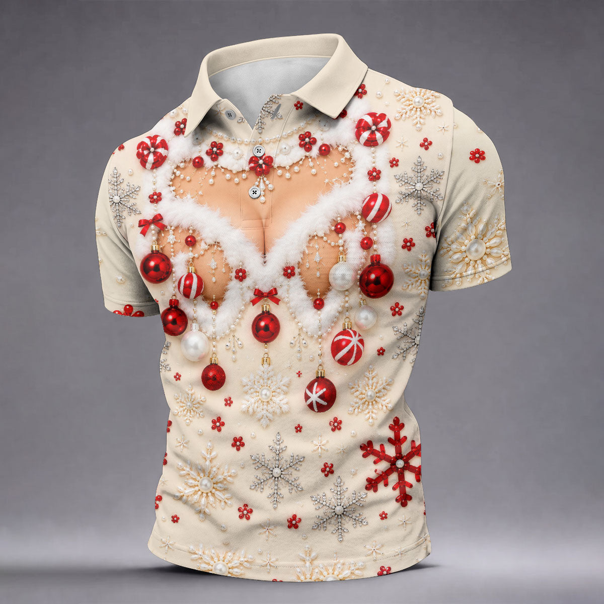 White Ornament Lace Bra Christmas Golf Shirt, Golf Polo For Men, Mens Golf Shirts