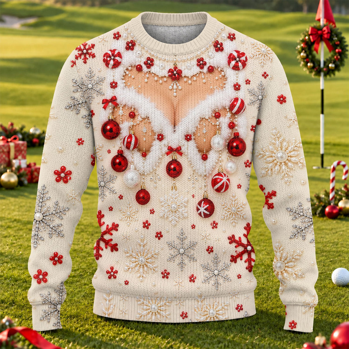 White Ornament Lace Ugly Christmas Sweater, Christmas Gifts, Holiday Party Sweater