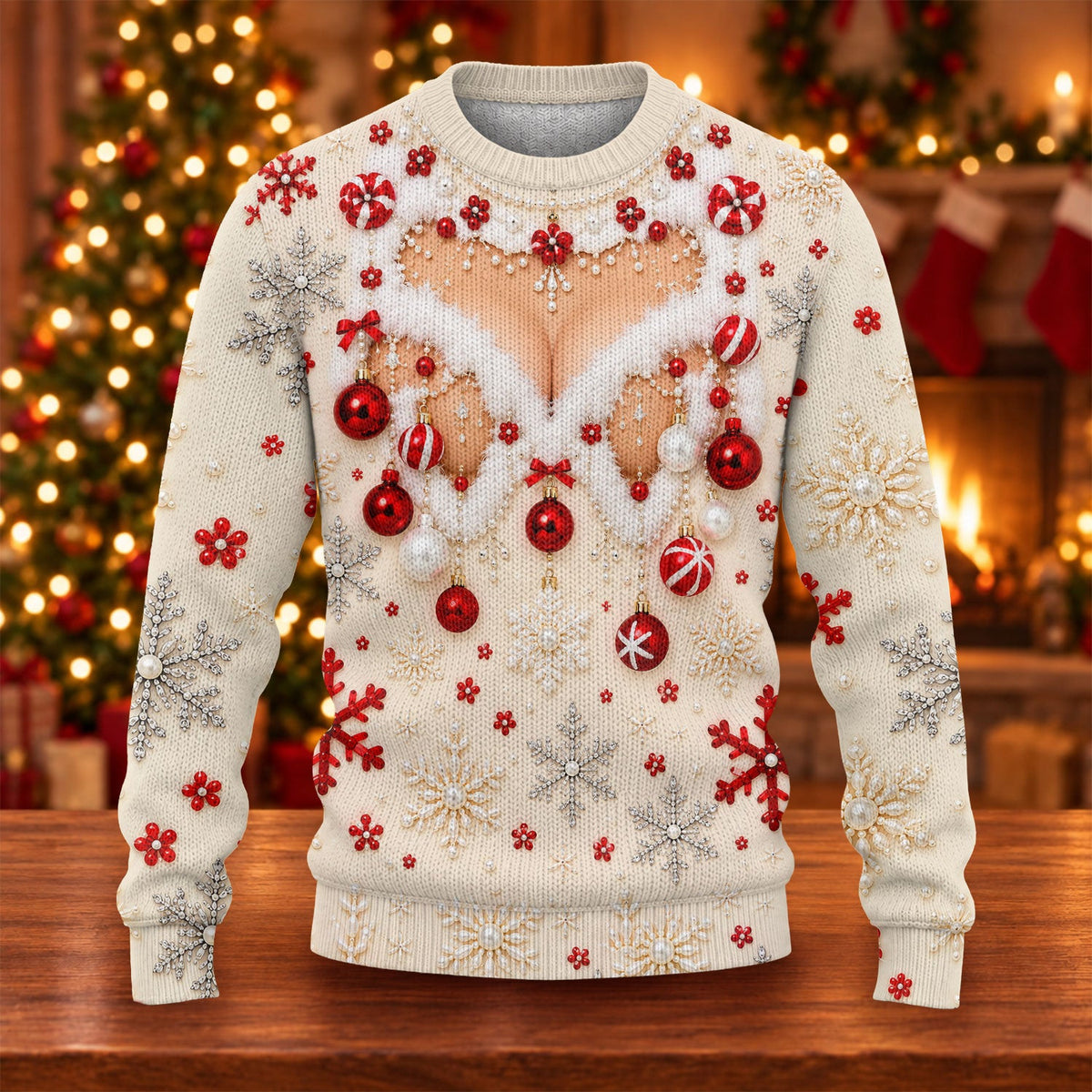 White Ornament Lace Ugly Christmas Sweater, Christmas Gifts, Holiday Party Sweater