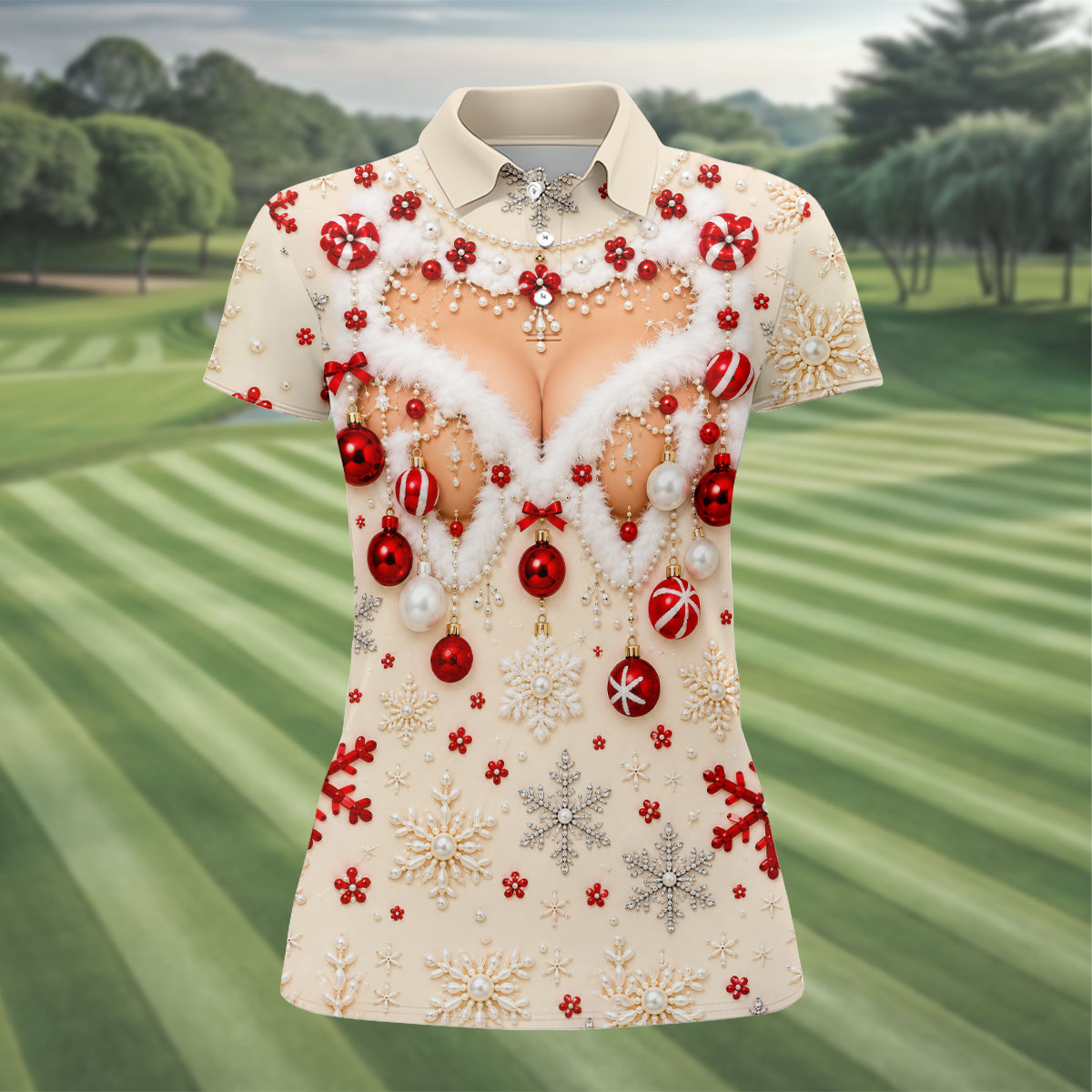 White Ornament Lace Christmas Golf Shirt, Golf Gifts For Women, Ladies Golf Apparel