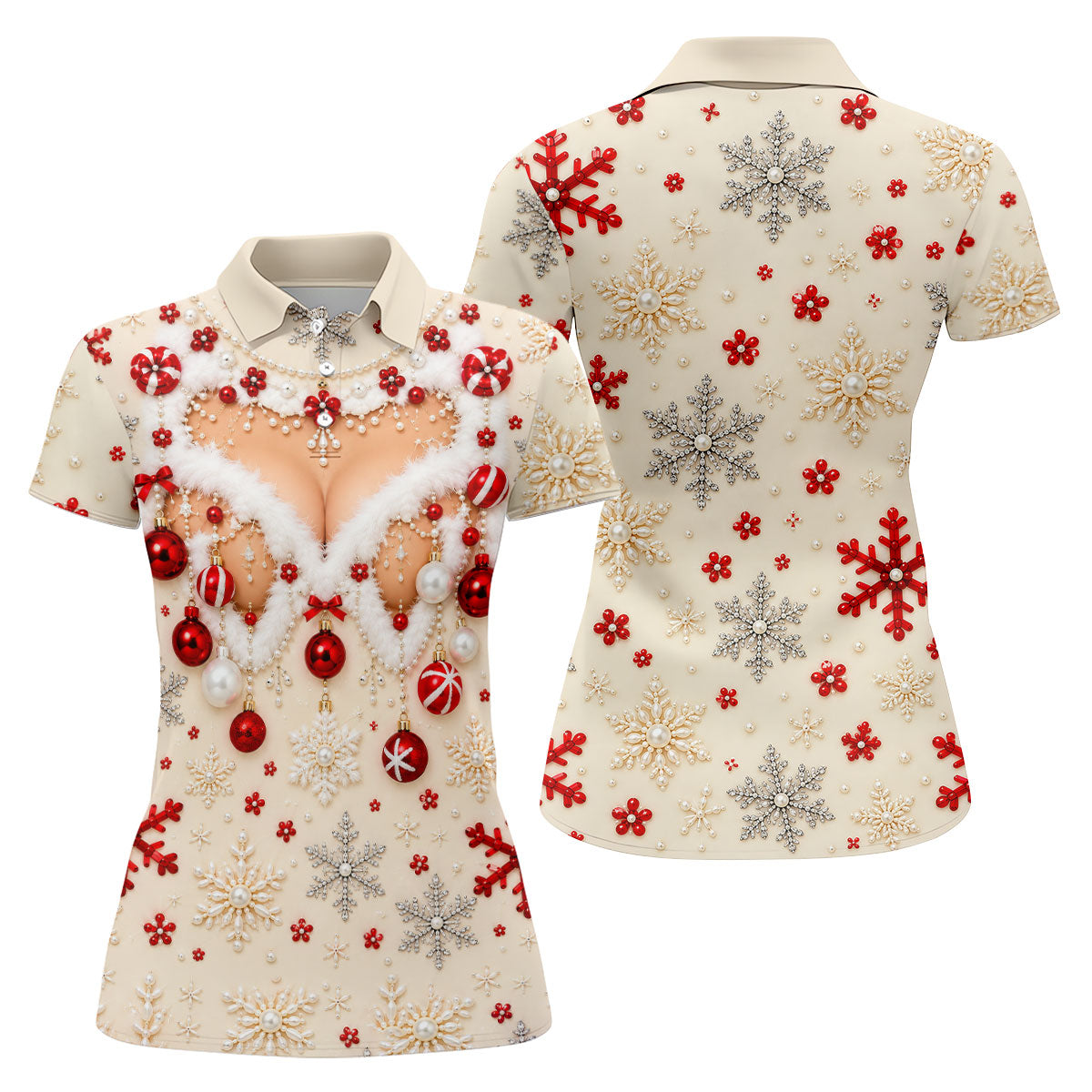 White Ornament Lace Christmas Golf Shirt, Golf Gifts For Women, Ladies Golf Apparel