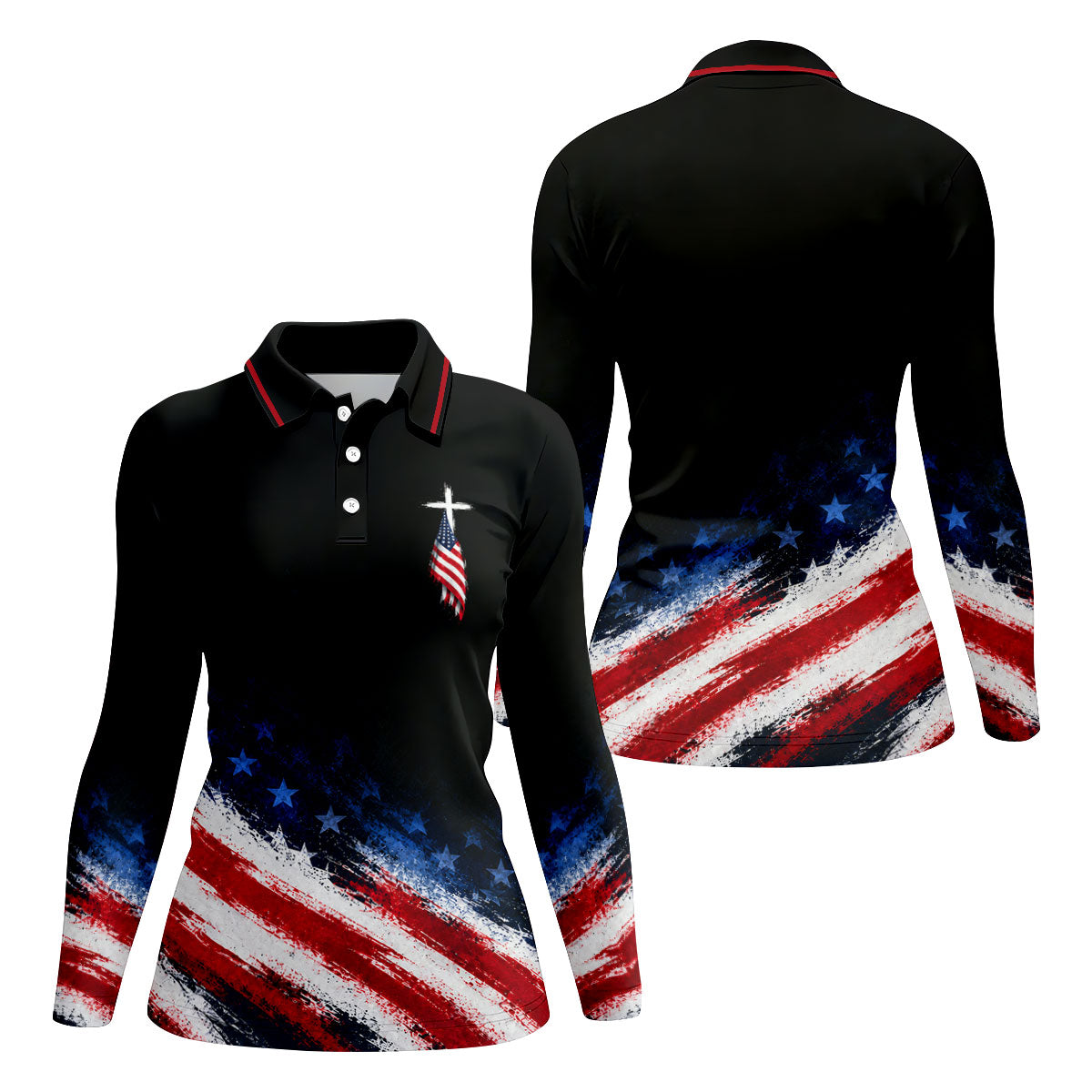 Veteran Cross USA Flag Golf Polo Shirt, Ladies Golf Shirts, Veterans Day Golf Shirt