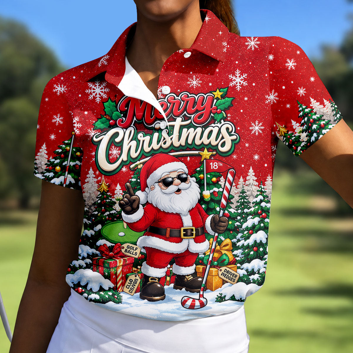 Retro Merry Christmas Script Christmas Golf Shirt, Womens Golf Tops, Ladies Golf Tops