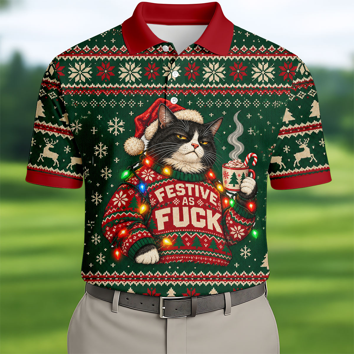 Festive Cat Lights Christmas Golf Shirt, Mens Golf Polo, Mens Holiday Golf Shirts