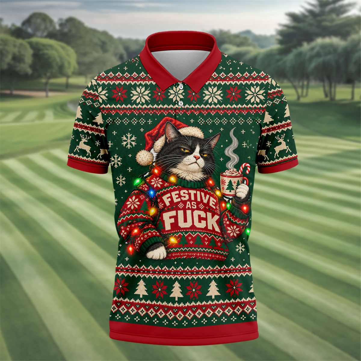 Festive Cat Lights Christmas Golf Shirt, Mens Golf Polo, Mens Holiday Golf Shirts