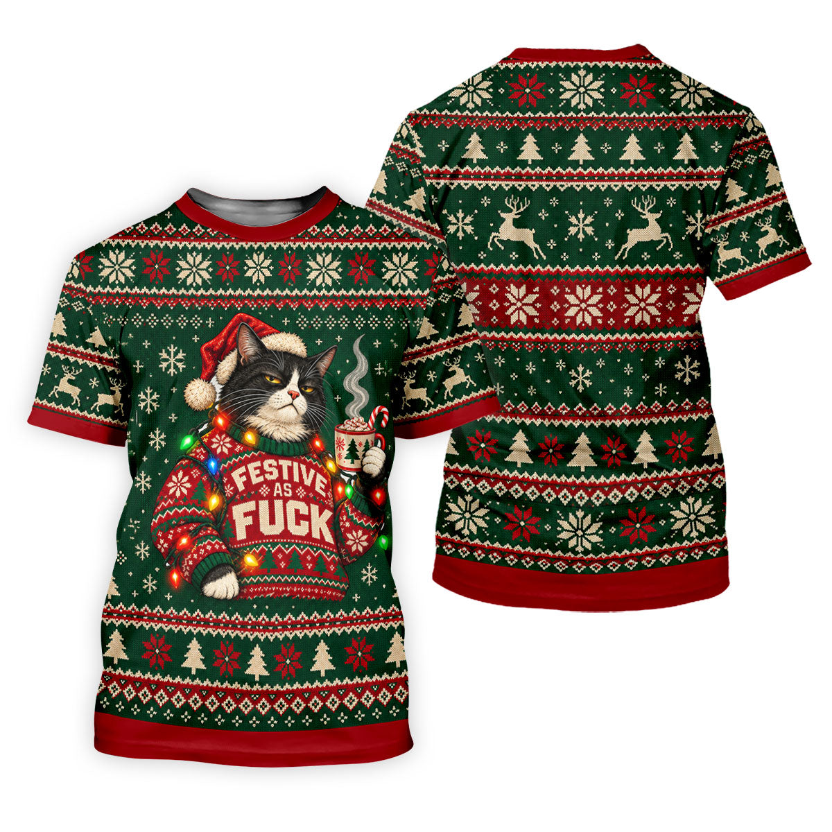 Festive Cat Lights Christmas Golf Shirt, Mens Golf Polo, Mens Holiday Golf Shirts