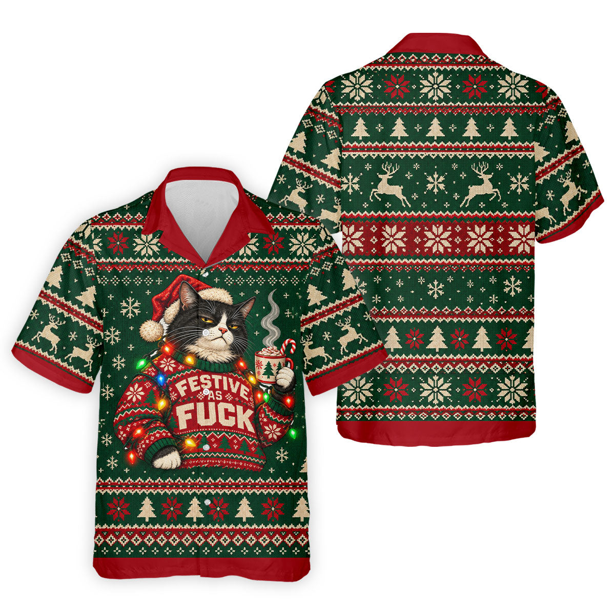 Festive Cat Lights Christmas Golf Shirt, Mens Golf Polo, Mens Holiday Golf Shirts