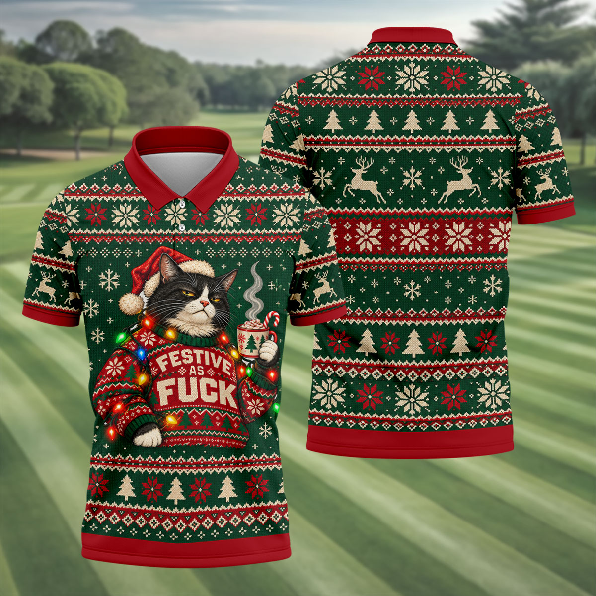 Festive Cat Lights Christmas Golf Shirt, Mens Golf Polo, Mens Holiday Golf Shirts