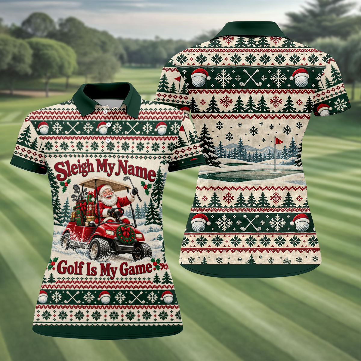 Sleigh My Name Golf Cart Christmas Golf Shirt, Womens Golf Tops, Womens Golf Apparel
