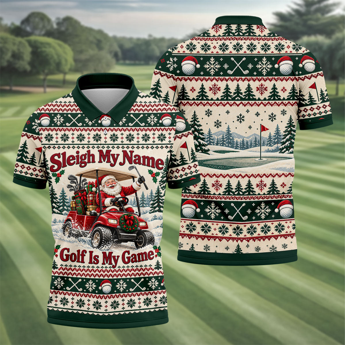 Sleigh My Name Golf Cart Christmas Golf Shirt, Mens Golf Polo, Mens Golf Apparel