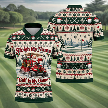 Sleigh My Name Golf Cart Christmas Golf Shirt, Mens Golf Polo, Mens Golf Apparel