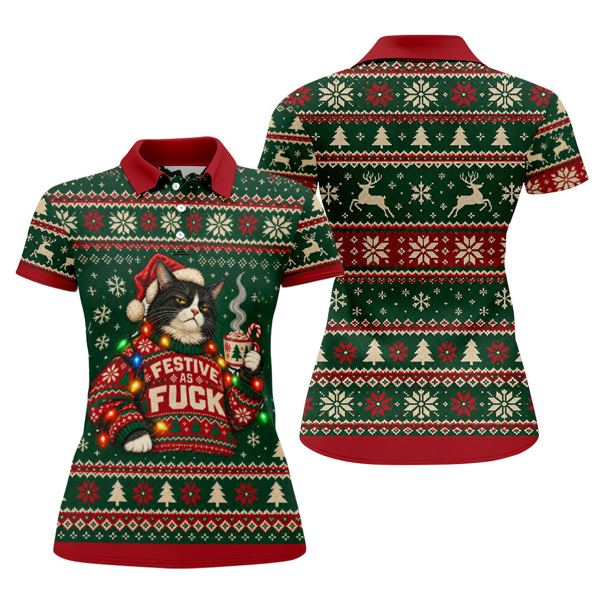 Festive Cat Lights Christmas Golf Shirt, Womens Golf Tops, Golf Shirts For Women